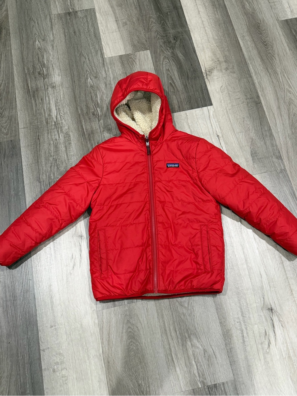 Patagonia Reversible Ready Freddy Hooded Red Puffer Jacket with Sherpa Sz 10